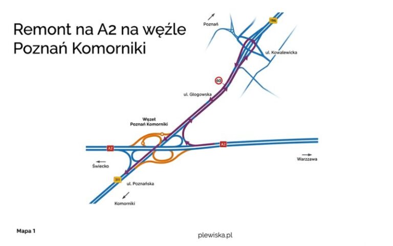 remont na A2 na węźle Poznań Komorniki