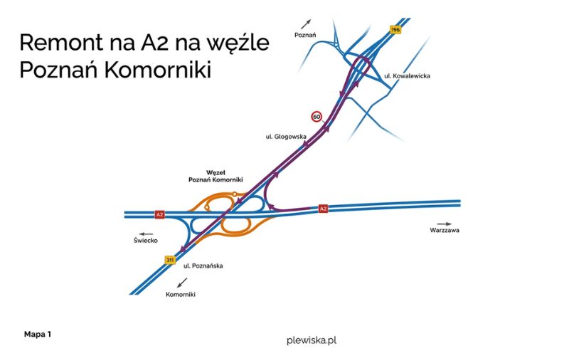 remont na A2 na węźle Poznań Komorniki